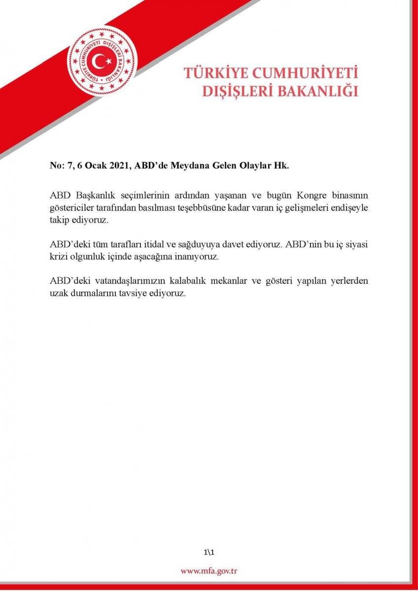 Dışişleri Bakanlığı: ABD'deki gelişmeleri endişe ile takip ediyoruz