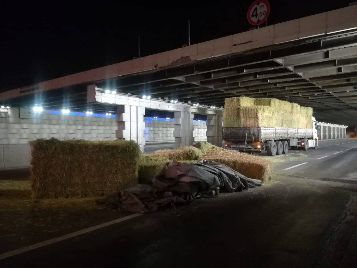 İzmir'de alt geçide sıkışan tırdaki samanlar yola saçıldı