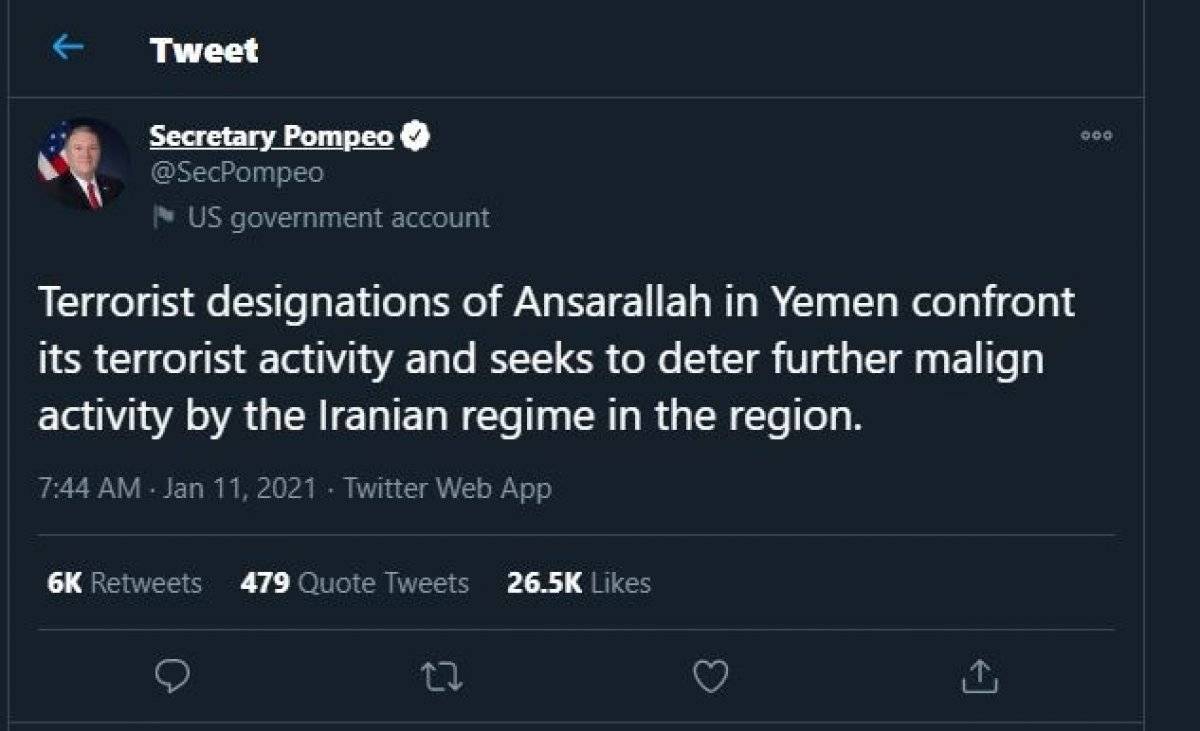 Mike Pompeo: Husiler’i terör örgütü olarak tanımlayacağız