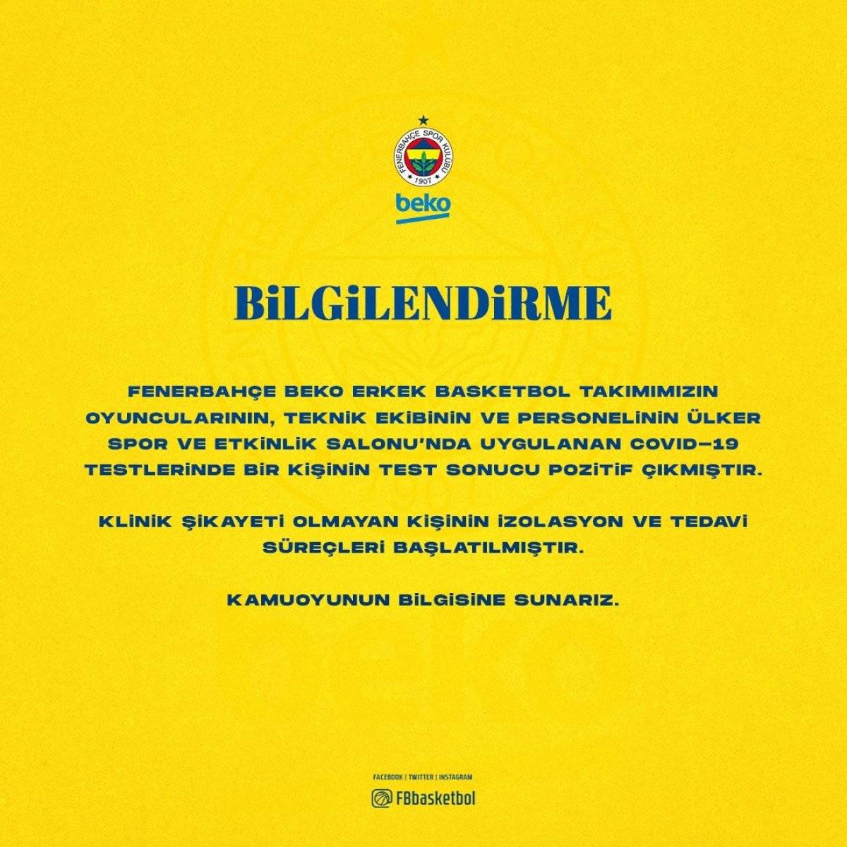 Fenerbahçe Beko'da bir kişinin korona testi pozitif çıktı