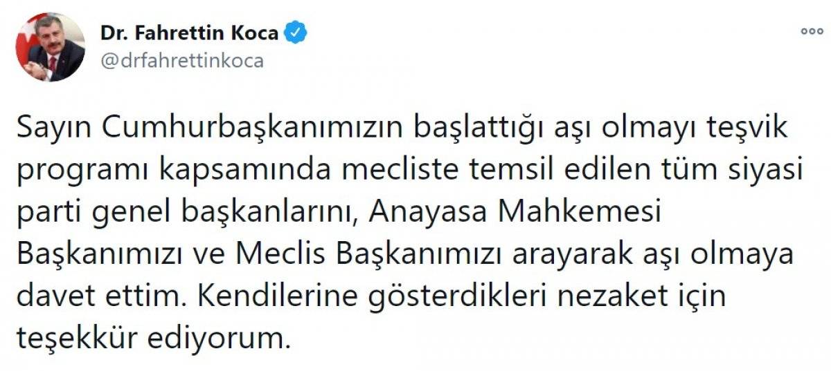 Bakan Koca: Parti genel başkanlarını aşı olmaya davet ettim