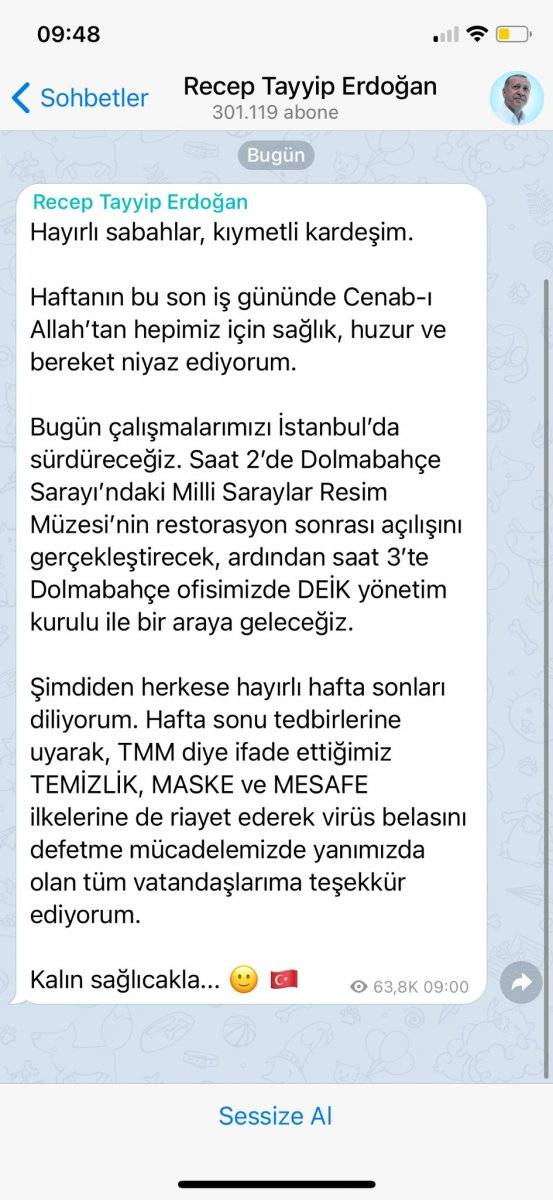 Cumhurbaşkanı Erdoğan, Telegram'dan mesaj verdi