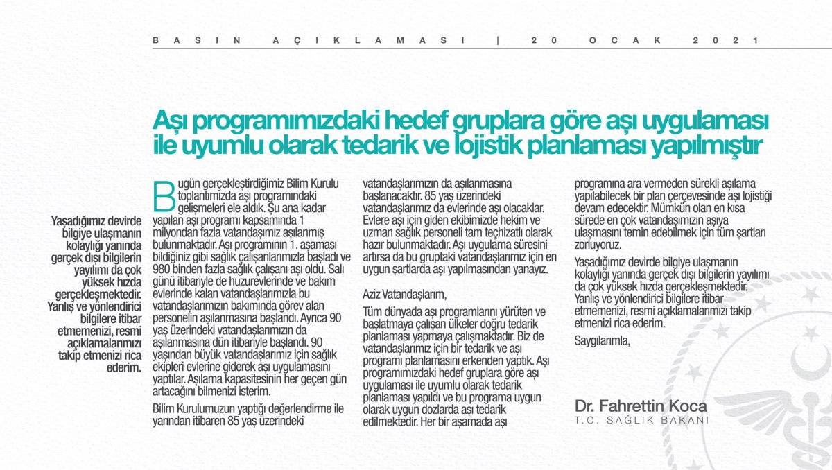 Bakan Koca: Yarından itibaren 85 yaş üzeri vatandaşlar aşılanacak