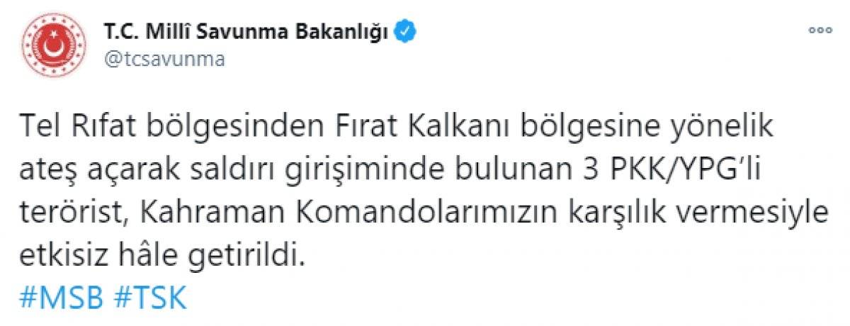 Fırat Kalkanı bölgesinde 3 PKK/YPG'li terörist etkisiz hale getirildi