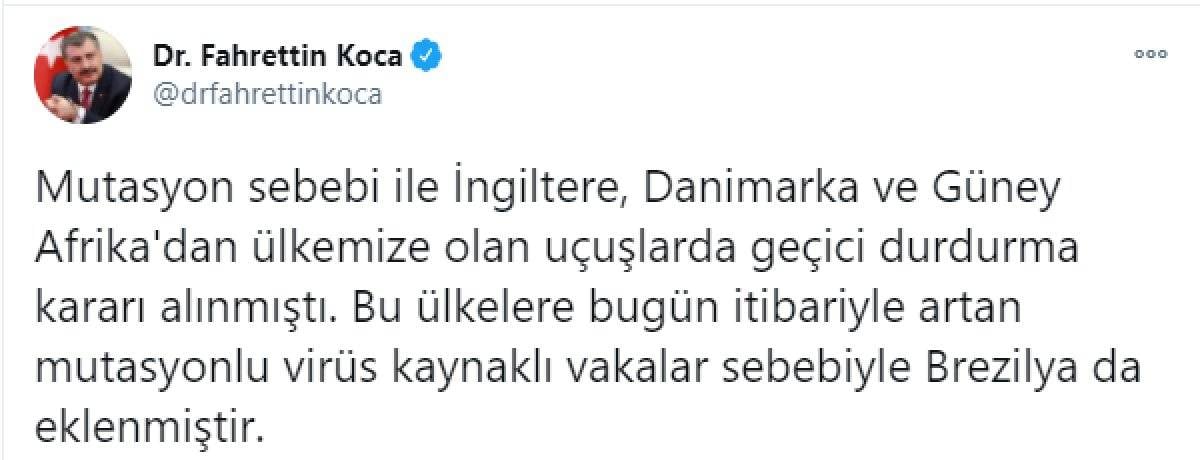 Fahrettin Koca: Brezilya'ya uçuşlar geçici olarak durduruldu