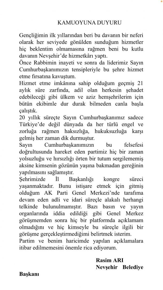 Nevşehir Belediye Başkanı Arı: İstifa iddiaları asılsız