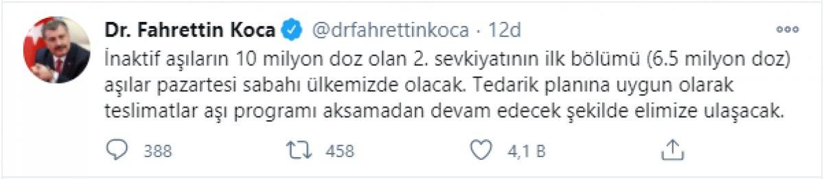 Fahrettin Koca: Aşıların ikinci sevkiyatının ilk bölümü yarın geliyor