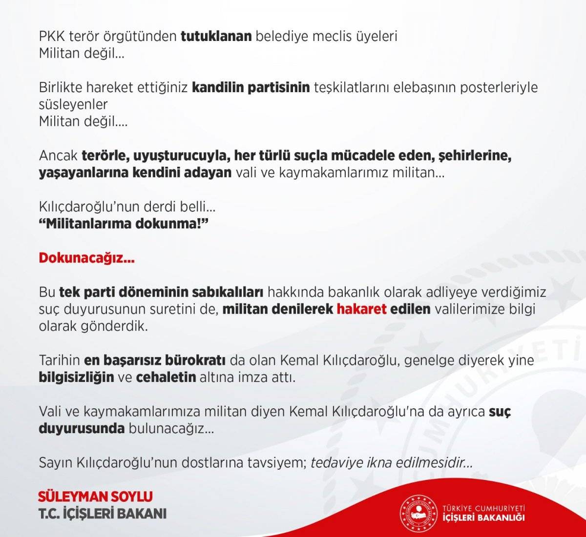 Süleyman Soylu: Kılıçdaroğlu hakkında suç duyurusunda bulunacağız