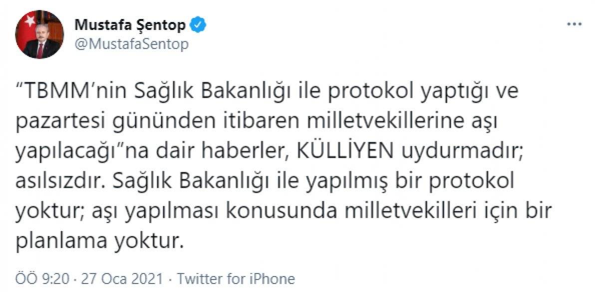 Mustafa Şentop, milletvekillerine aşı yapılacağı iddiasını yalanladı