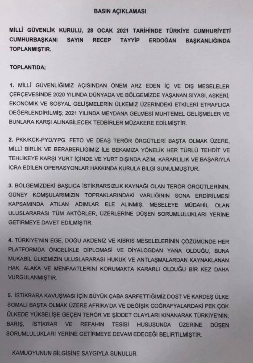 Milli Güvenlik Kurulu Bildirisi yayınlandı