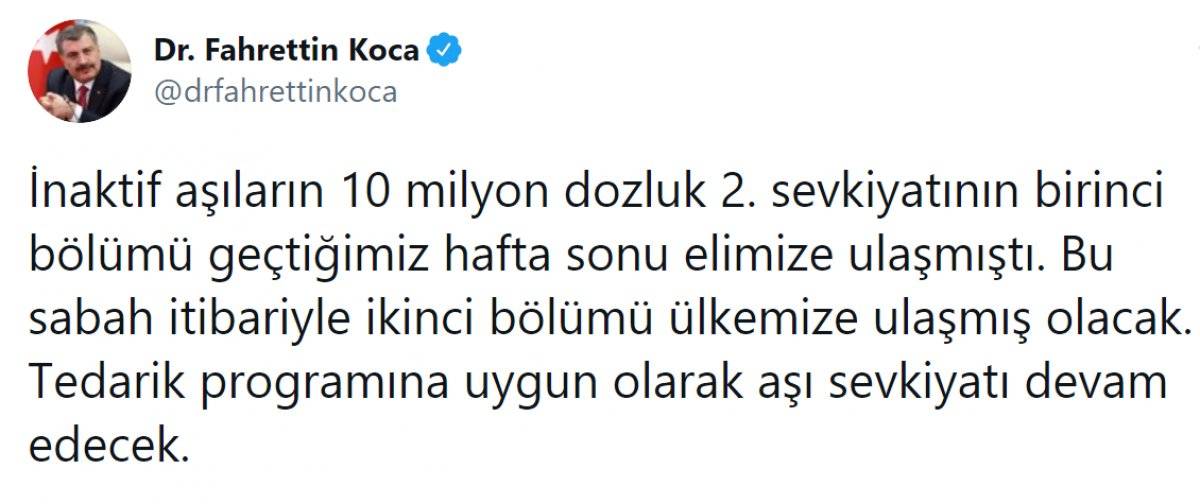 Bakan Koca: Aşıların 2. sevkiyatının ikinci bölümü bu sabah gelecek