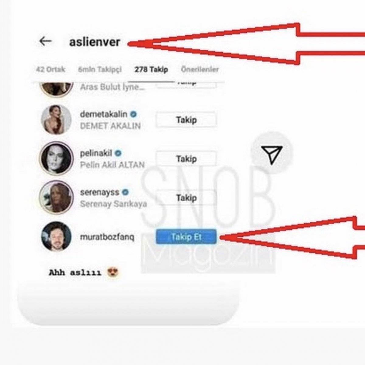 Aslı Enver eski sevgilisi Murat Boz'un fan sayfasını takibe aldı
