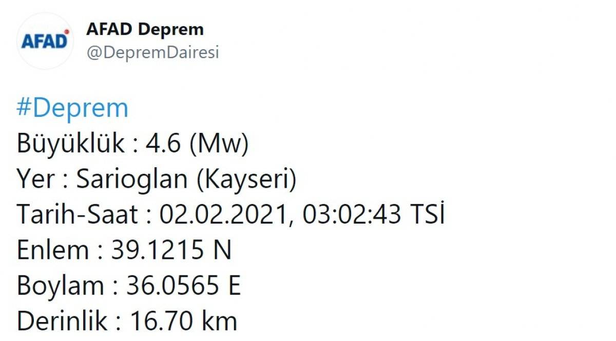 Kayseri'de 4,6 büyüklüğünde deprem
