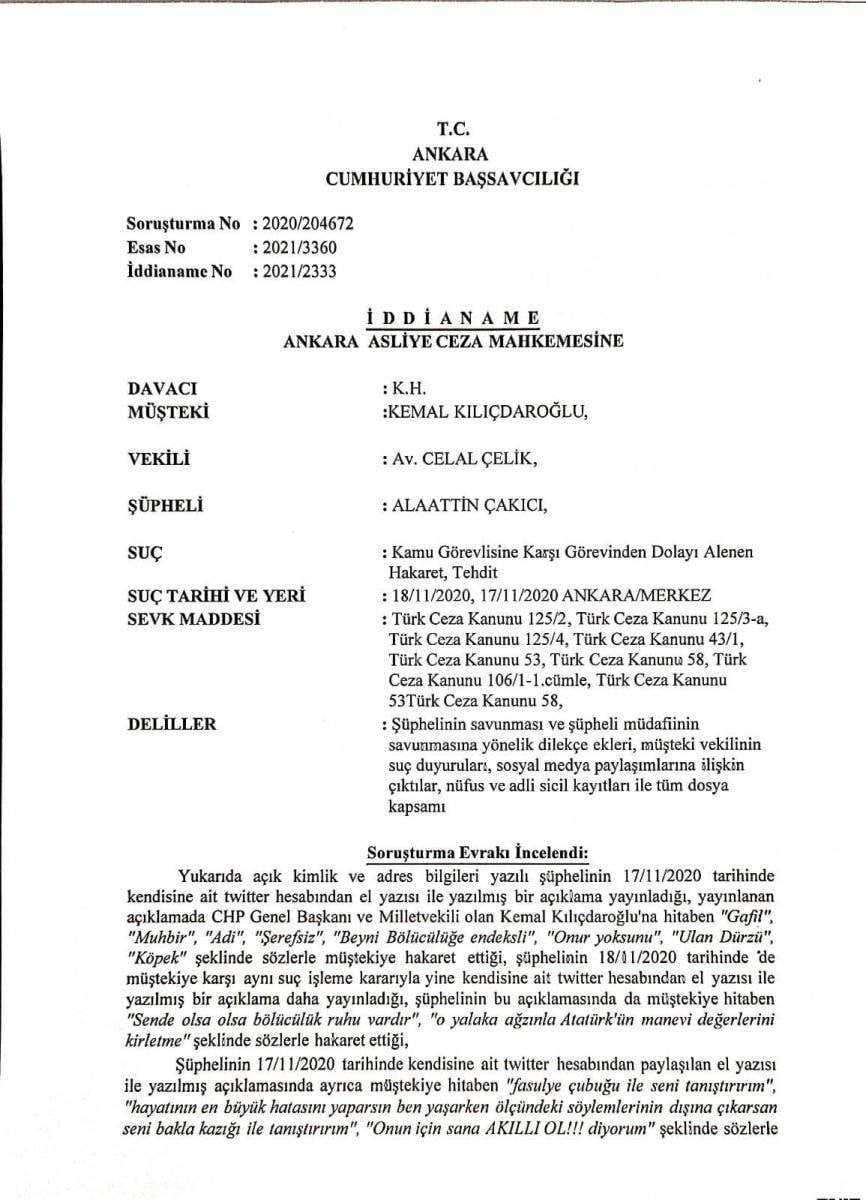 Alaattin Çakıcı'ya, Kemal Kılıçdaroğlu'na hakaretten iddianame hazırlandı