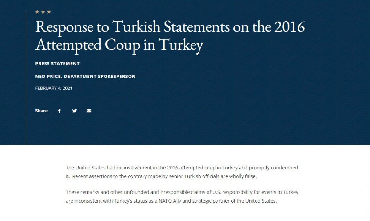 ABD Dışişleri: 15 Temmuz darbe girişiminde rolümüz yok