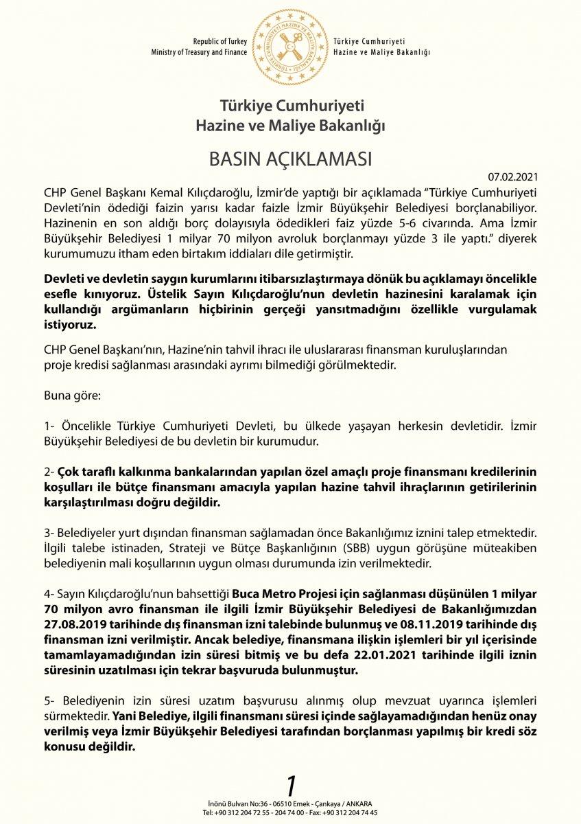 Kılıçdaroğlu’nun ithamlarına Hazine ve Maliye Bakanlığı'ndan cevap