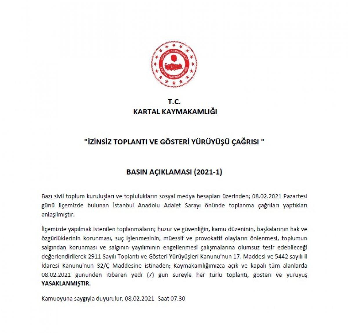 Kartal Kaymakamlığı gösteri ve yürüyüşleri yasakladı