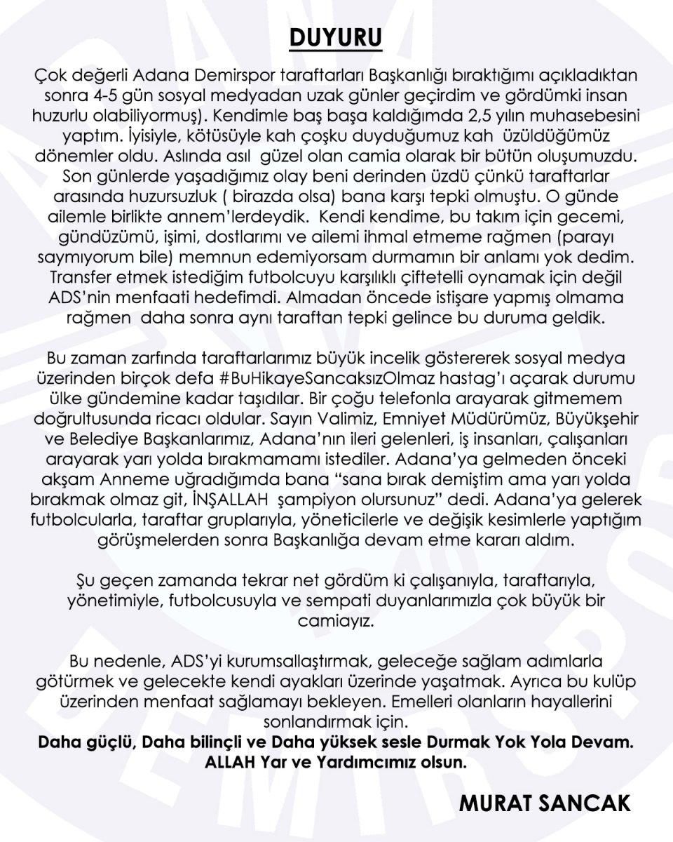 Adana Demirspor Başkanı Murat Sancak istifadan vazgeçti