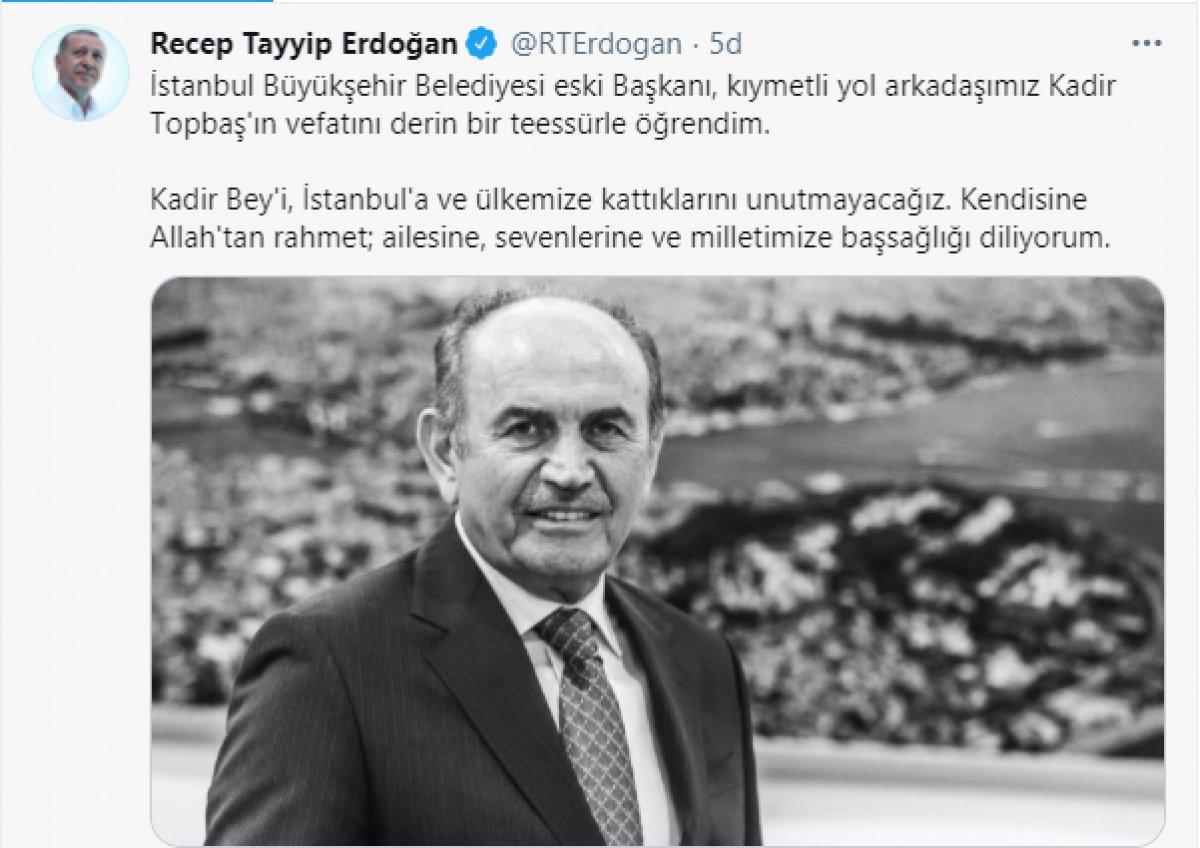 Cumhurbaşkanı Erdoğan'dan Kadir Topbaş için taziye mesajı