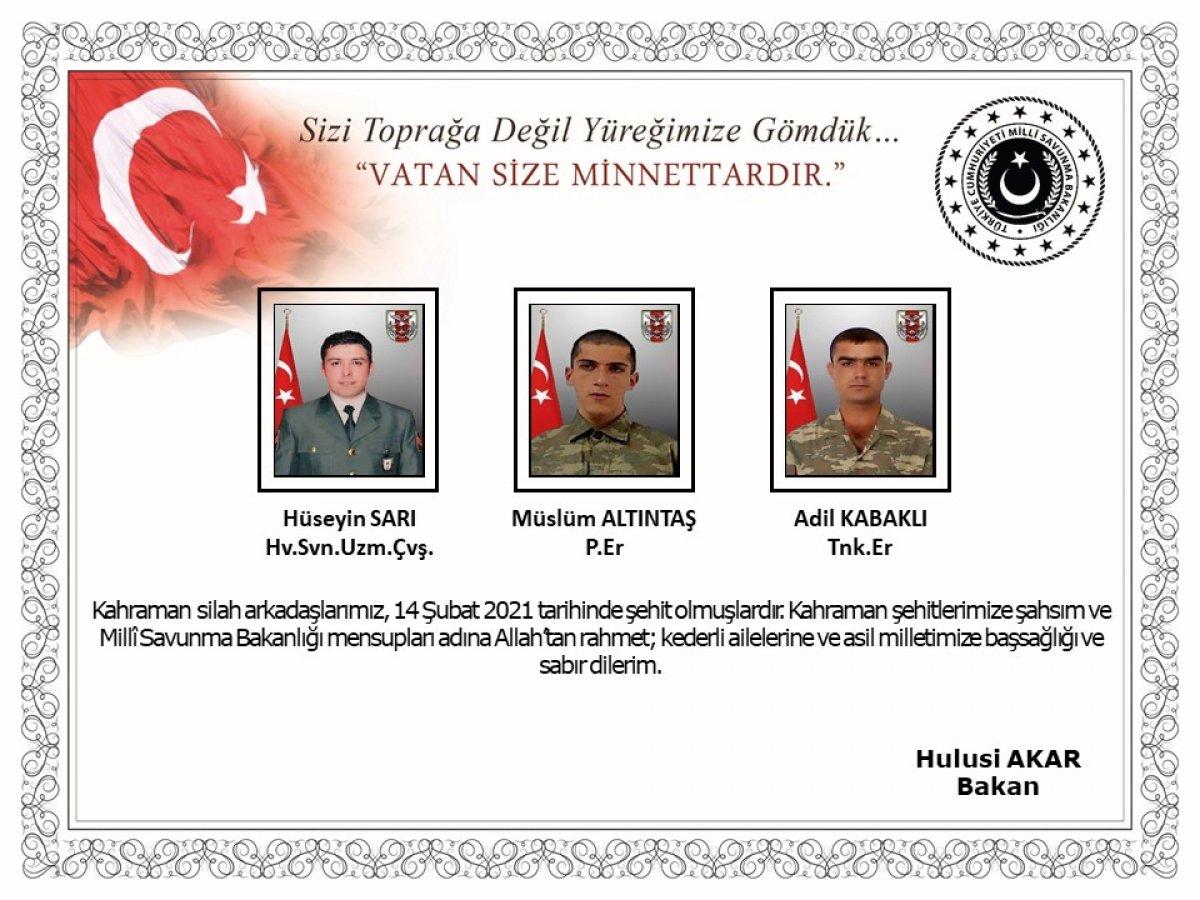 Milli Savunma Bakanlığı: Şehitlerimize Allah’tan rahmet dileriz