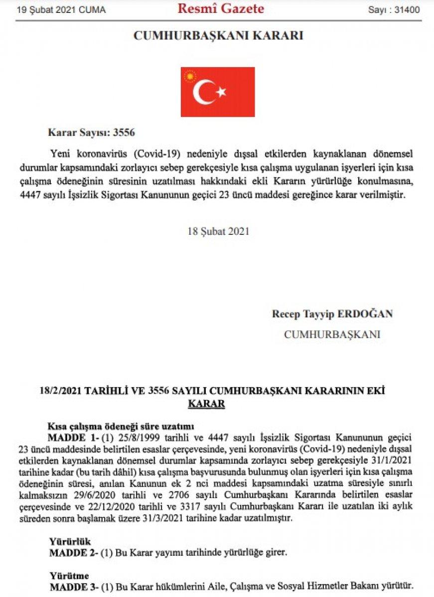 Kısa çalışma ödeneği süresinin uzatılması kararı Resmi Gazete'de