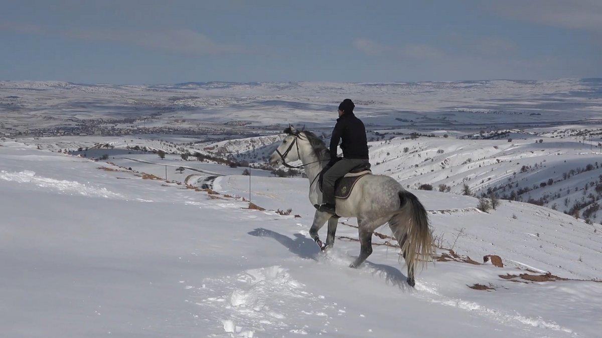 Kırıkkale'nin Dinek Dağı'nda atlar kar banyosu yaptı