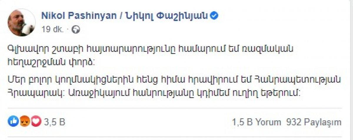 Paşinyan: Ülkede bir darbe girişimi söz konusu