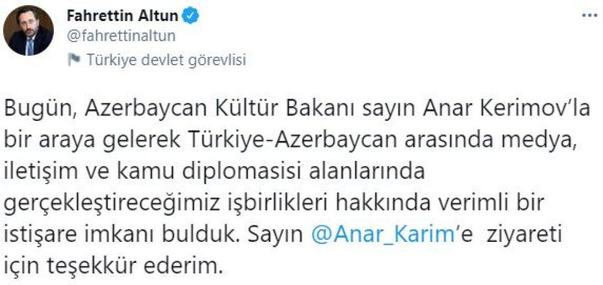 Fahrettin Altun, Azerbaycan Kültür Bakanı Anar Kerimov ile görüştü