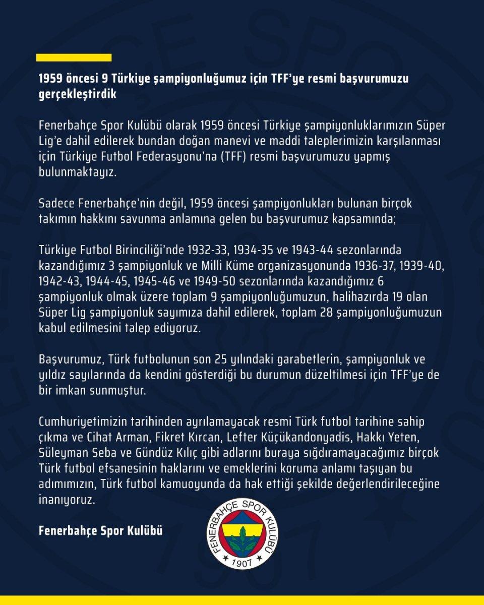 Fenerbahçe 28 şampiyonluk için TFF'ye başvuru yaptı