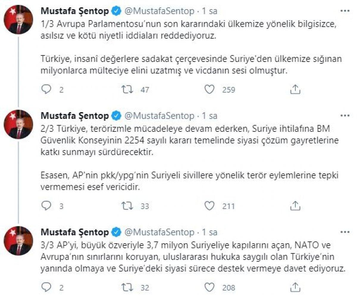 Mustafa Şentop, Avrupa Parlamentosu'nun Suriye kararına tepki gösterdi