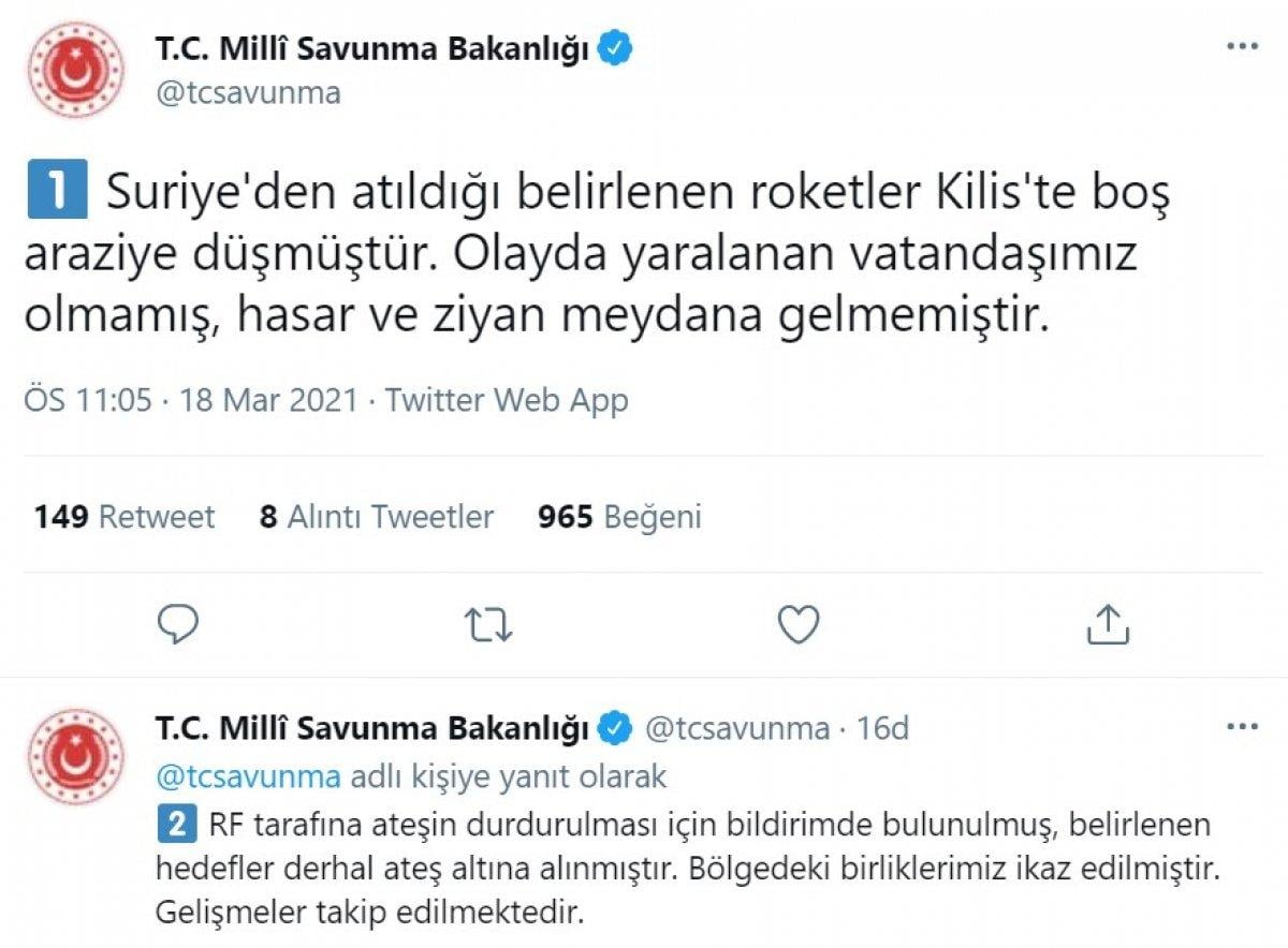 MSB: Suriye'den atılan roketler Kilis'te boş araziye düşmüştür