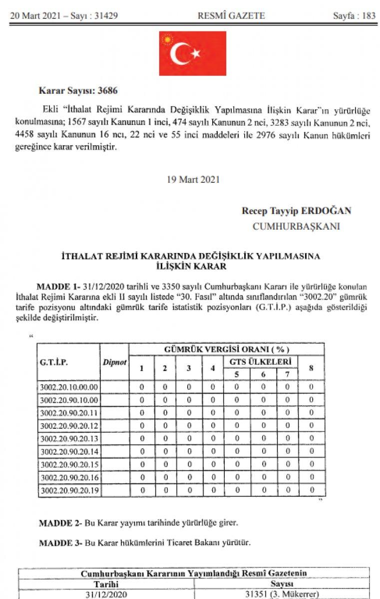 Aşılarda gümrük tarifesi sıfırlandı