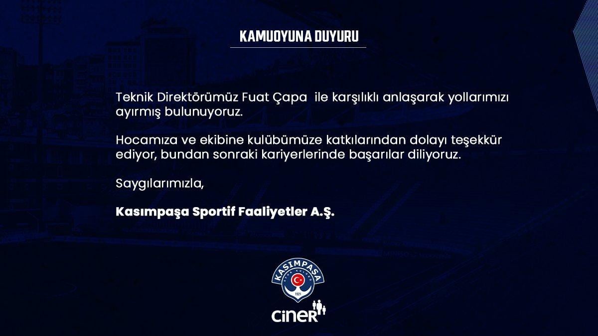 Kasımpaşa, Fuat Çapa ile yollarını ayırdı