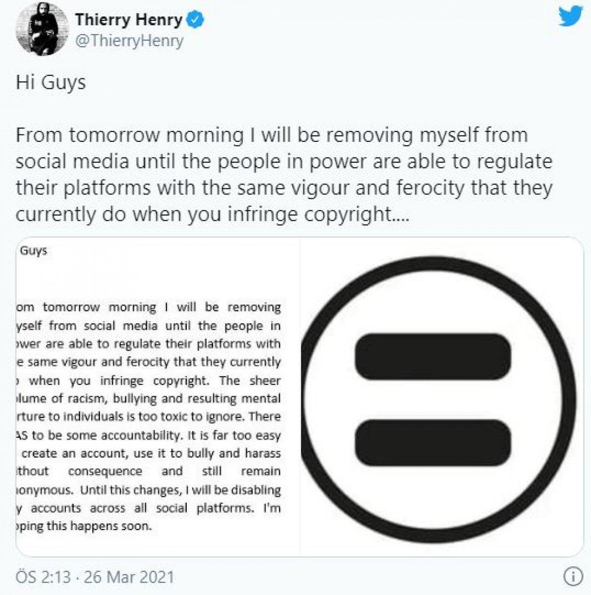 Thierry Henry ırkçılık yüzünden sosyal medya hesabını kapattı