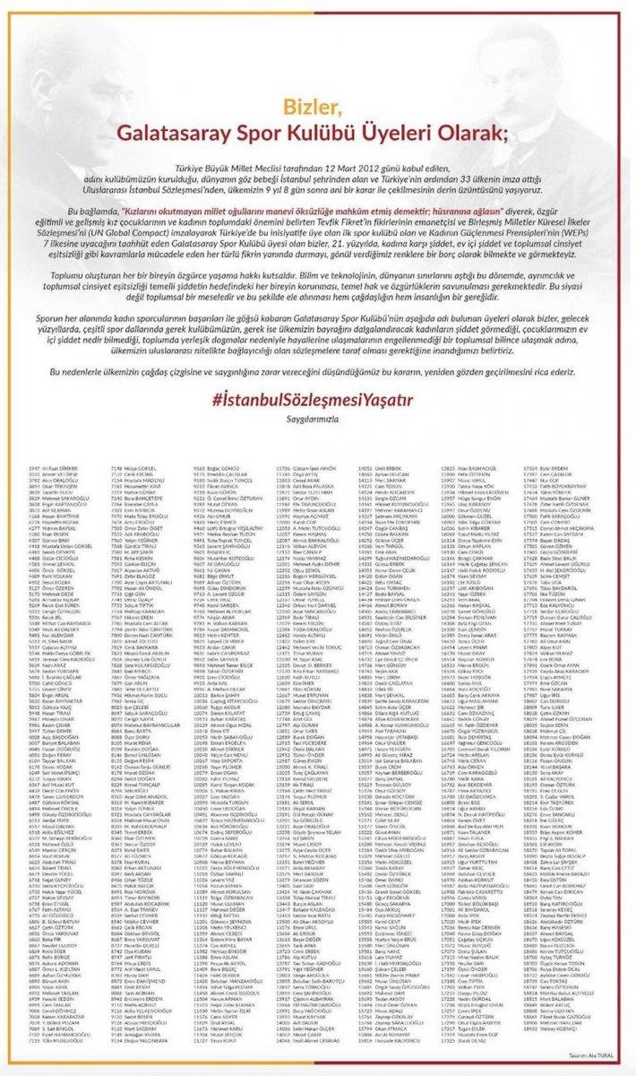 Galatasaray Spor Kulübü üyelerinden İstanbul Sözleşmesi ilanı