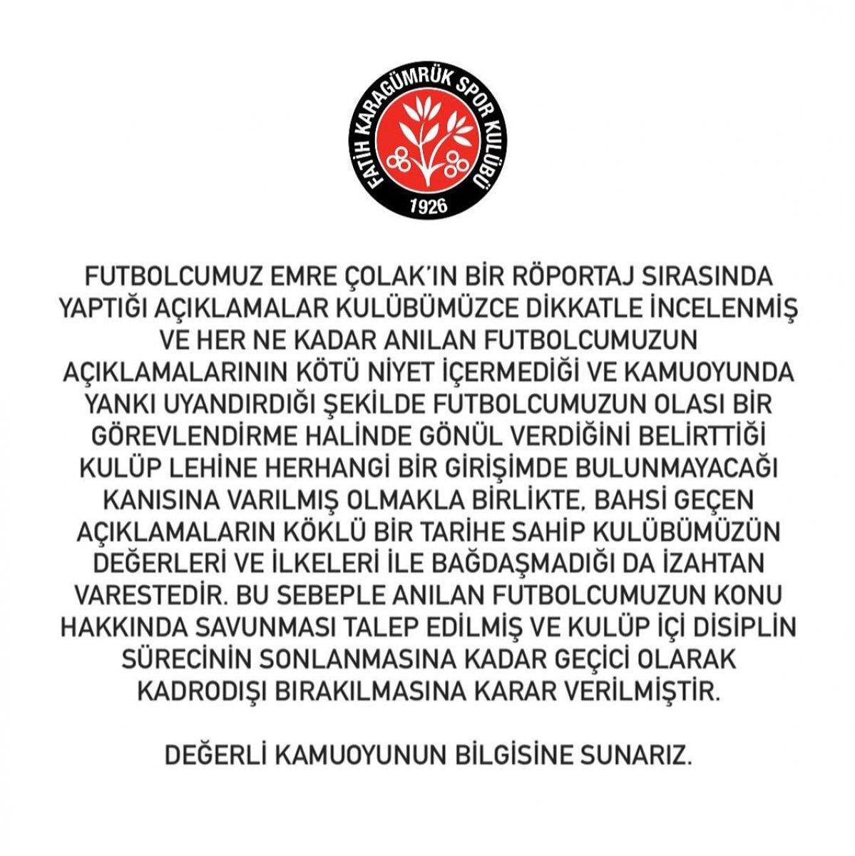 Emre Çolak, Karagümrüklülerden özür diledi