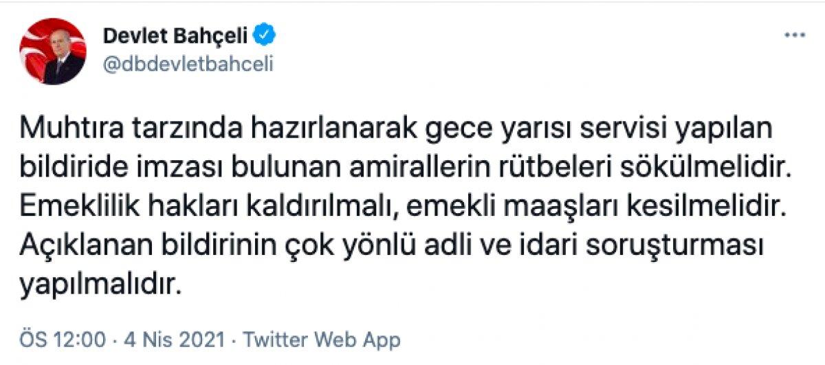 Devlet Bahçeli'den 103 amirale tepki:  Rütbeleri sökülmelidir