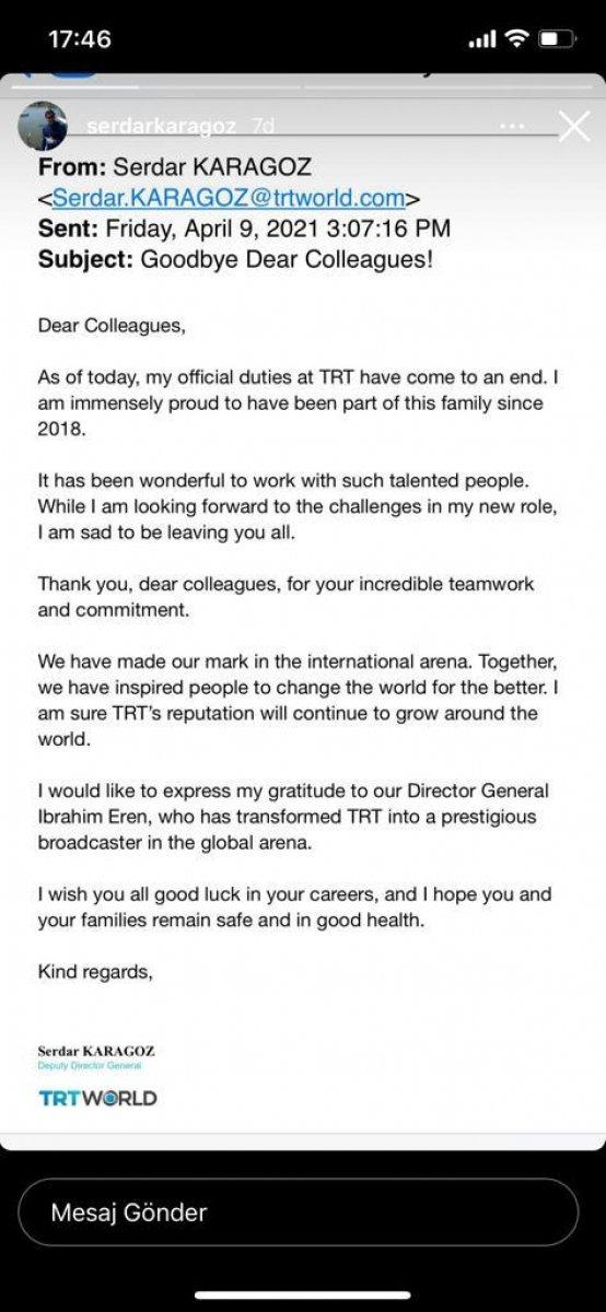 Serdar Karagöz, TRT'ye veda etti