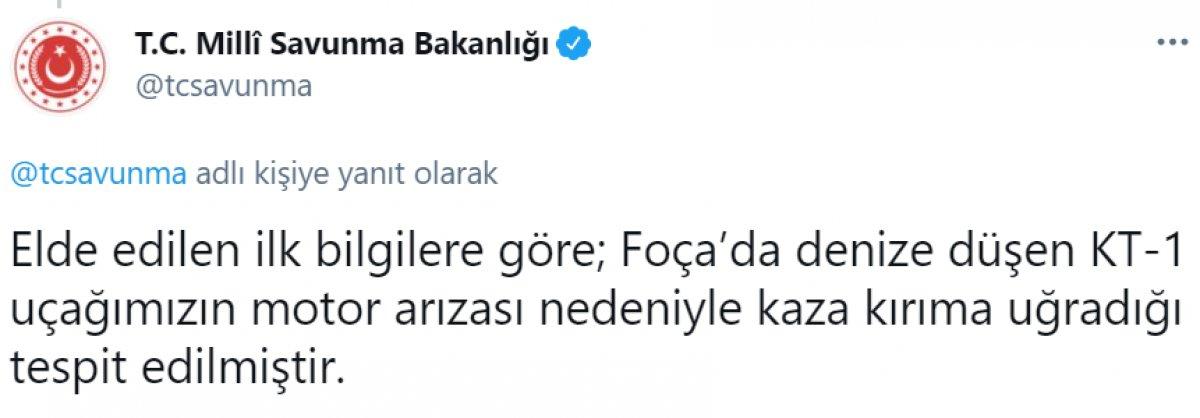 MSB: Foça'da düşen uçağın kaza kırıma uğradığı tespit edilmiştir