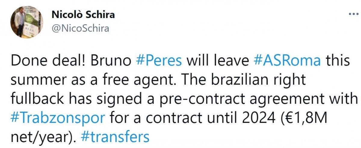 Trabzonspor, Bruno Peres ile anlaştı