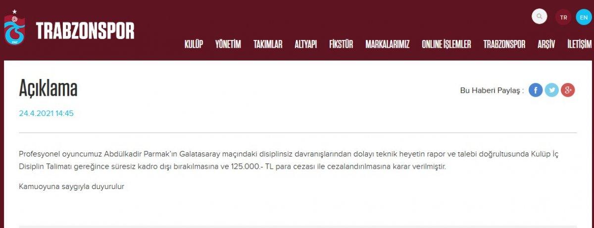 Trabzonspor, Abdülkadir Parmak'a ceza verdiğini açıkladı