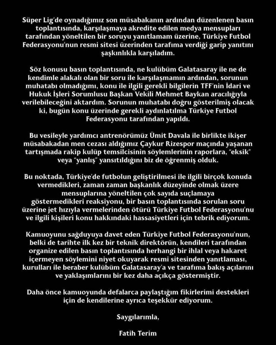 Fatih Terim'den TFF'ye yanıt