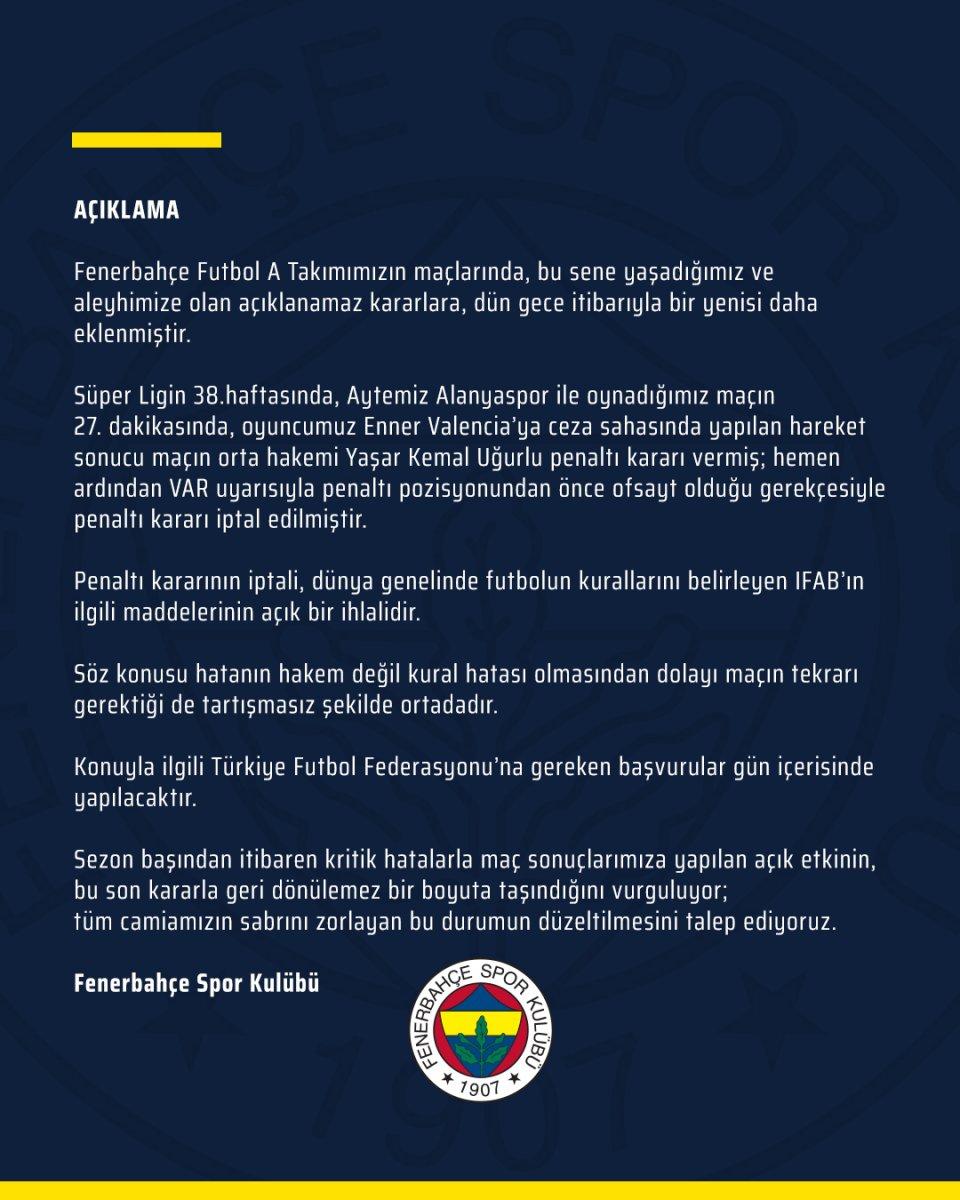 Fenerbahçe'den kural hatası açıklaması
