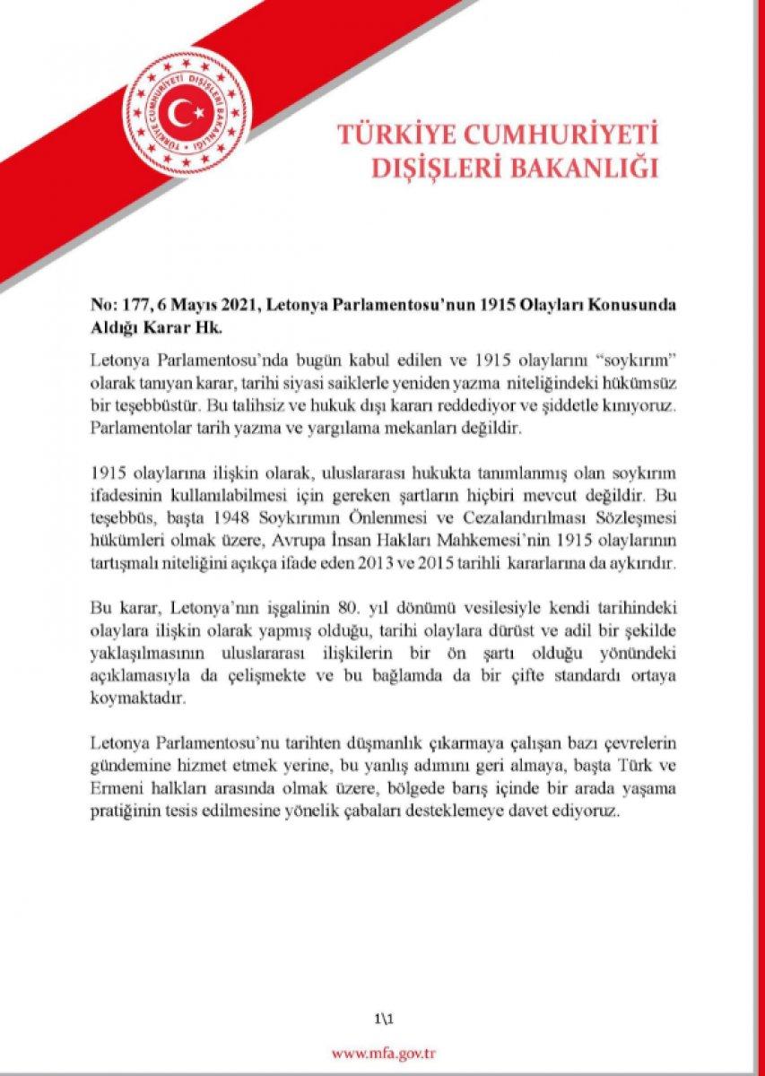 Dışişleri Bakanlığı'ndan Letonya'ya sert tepki