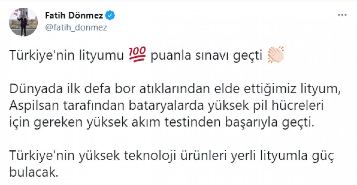 Fatih Dönmez: Yerli lityum sınavı geçti