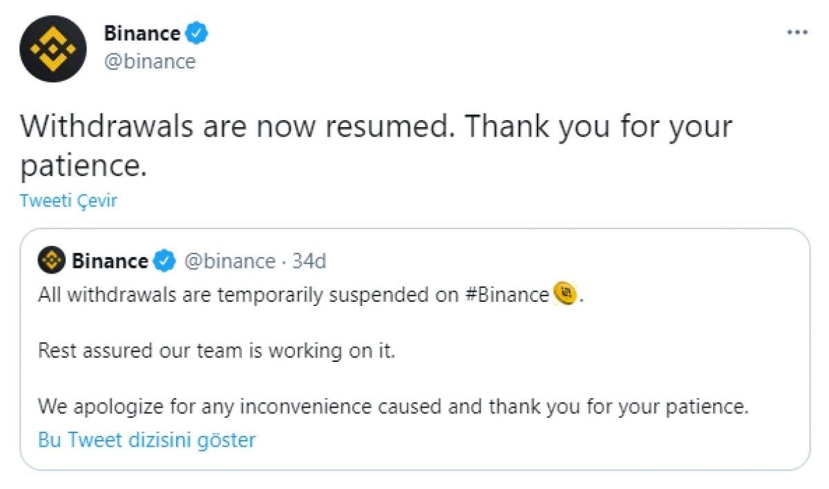 Binance para çekmeyi geçici olarak durdurdu