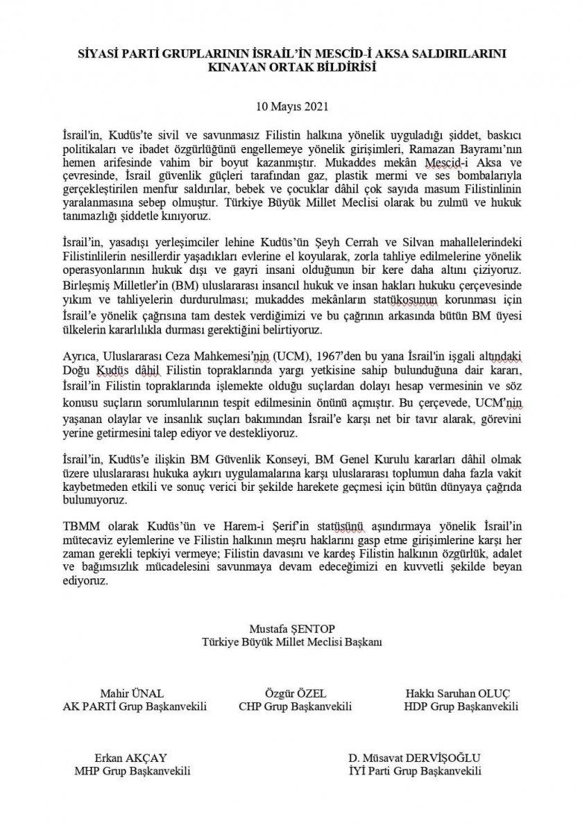 TBMM'den İsrail'e ortak kınama
