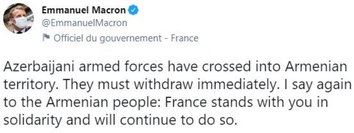 Emmanuel Macron: Azerbaycan, Ermenistan topraklarına girdi