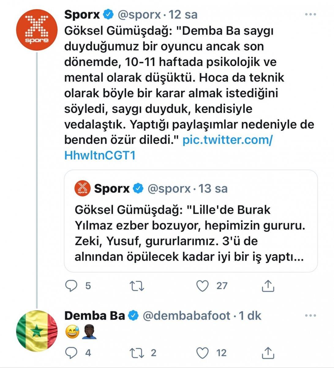 Demba Ba'dan Gümüşdağ'a emojili yanıt