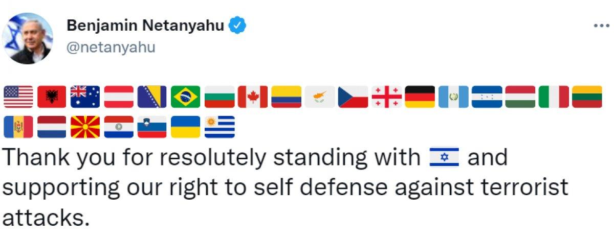 Binyamin Netanyahu'dan, İsrail’e destek veren ülkeler paylaşımı